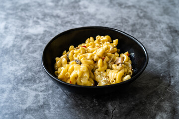 Mac and Cheese, American Style Macaroni Pasta with Cheesy Sauce and Crunchy Breadcrumbs Topping on.