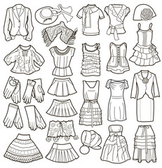Collection of fashionable women's clothes isolated on white (vector illustration, coloring book)