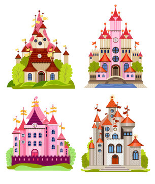 Vector illustration for children with fairy castle and landscape (flat concept).