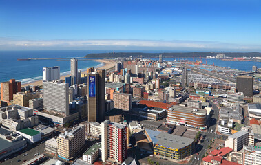 Durban, KwaZulu-Natal / South Africa - 07/17/2018: Aerial photo of Durban CBD with Durban Harbour in the background