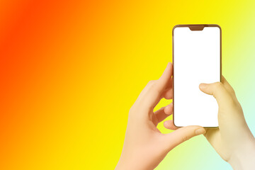 Female hands are holding a modern frameless smartphone with a blank screen. Multicolored colorful background, mockup for a designer.