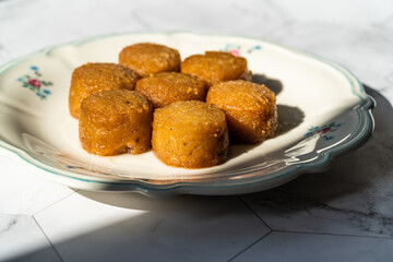 Traditional Greece Thessaloniki Dessert Style Sekerpare with Sherbet / Greek Food.