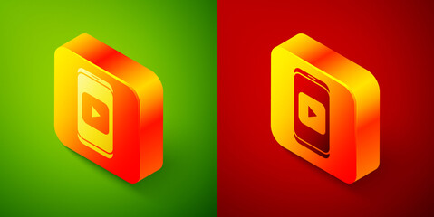 Isometric Online play video icon isolated on green and red background. Smartphone and film strip with play sign. Square button. Vector Illustration