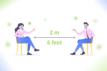 Social distancing during Coronavirus COVID-19 pandemic. Man and woman wearing protective medical mask and keeping distance at business meeting, vector illustration