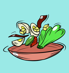 floating cartoon salad of eggs and lettuce 