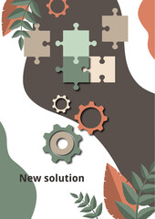 Part of the puzzle and gears on the background with leaves. The concept of teamwork, collaboration, finding a solution. Vector illustration