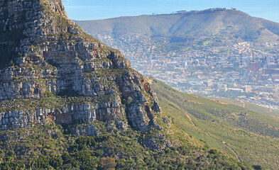 Cape Town, Western Cape / South Africa - 05/24/2019: Aerial photo of Cape Town CBD and Table Mountain