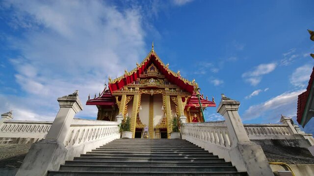 Timelapse of Wat Pa Phu Hai Long Temple on the top of Mountain in Wang Katha, Pak Chong District, Nakhon Ratchasima, Thailand.