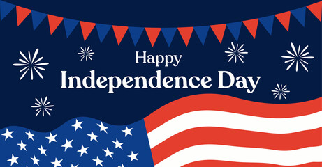 4th of July Independence Day celebration banner or header. USA national holiday design concept with a waving flag and confetti. Vector illustration.