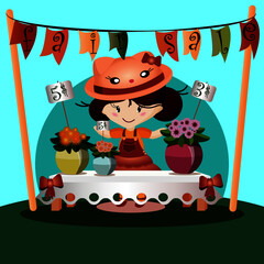 Vector illustration. child girl in a hat at a fair , sell flowers, bright flags on a ribbon, table white tablecloth, colorful flowers in pots