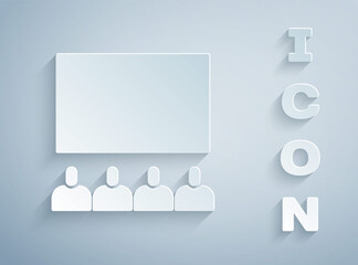 Paper cut Cinema auditorium with screen icon isolated on grey background. Paper art style. Vector Illustration