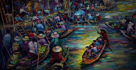 Hand drawn  Art painting Oil color Floating market  background design  from thailand 