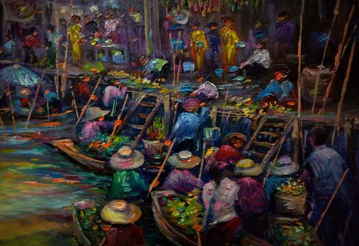 Hand drawn  Art painting Oil color Floating market  background design  from thailand 