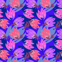 Vector seamless floral background stylish pattern with tulip flowers close-up on a bright blue background, trendy print for fabric, scarf, paper design
