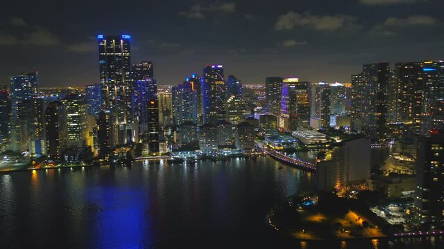 Night aerial video hundred buildings Miami Brickell FL