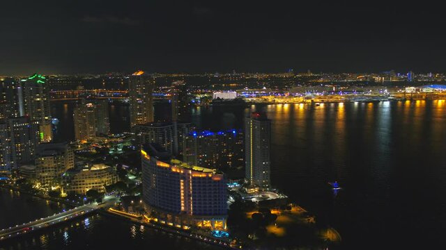 Aerial waterfront Miami night scene 4k