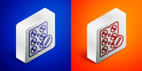 Isometric line Pills in blister pack icon isolated on blue and orange background. Medical drug package for tablet, vitamin, antibiotic, aspirin. Silver square button. Vector Illustration