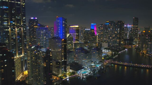 Night aerial video skyscrapers of Brickell Miami FL 2020