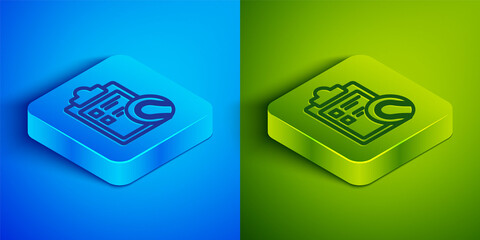 Isometric line Checklist clipboard and tennis ball icon isolated on blue and green background. Sport equipment. Square button. Vector Illustration