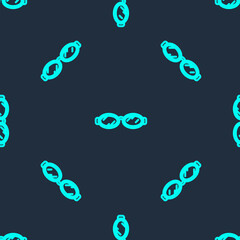 Green line Glasses for swimming icon isolated seamless pattern on blue background. Goggles sign. Diving underwater equipment.  Vector Illustration