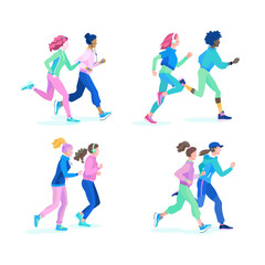 Fototapeta na wymiar A set of vector illustrations in cartoon style present beautiful athletic girls running in pairs.