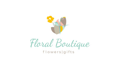 Fototapeta na wymiar Logotype with leaves and flower abstract silhouettes in pastel colors on white background. For brands floral shop-eco product-organic food-beauty. Emblem for invitation, decor. Vector illustration.
