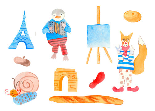 A large watercolor set of French elements.Nice clip art journey to Europe with penguin,fox,sights,mime,molbert,baguette,snail,beret. Design for advertising,social networks.