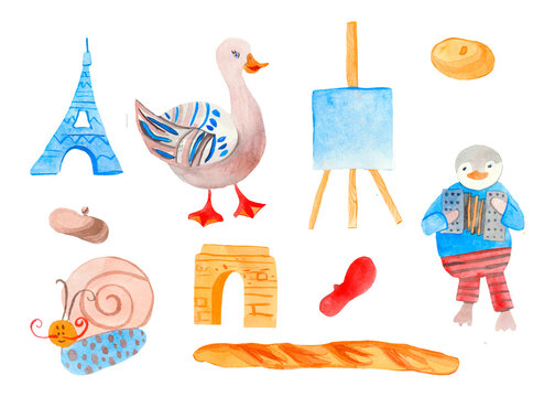 A large watercolor set of French elements. Nice clip art journey to Europe with penguin, duck, sights, mime, artist, molbert, baguette, snail, beret. Design for advertising, social networks.