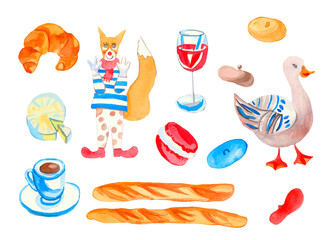 Big watercolor set of French elements.Cute clip art journey to Europe with fox,croissant,duck,brie cheese,sights,mime,artist,molbert,baguette,dessert,beret.Design for advertising,social networks. © Мария Минина