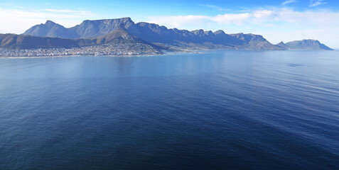 Cape Town, Western Cape / South Africa - 10/02/2019: Aerial photo of Table Mountain and Western Seaboard