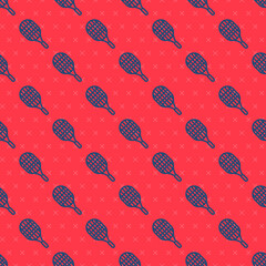 Blue line Tennis racket icon isolated seamless pattern on red background. Sport equipment.  Vector Illustration