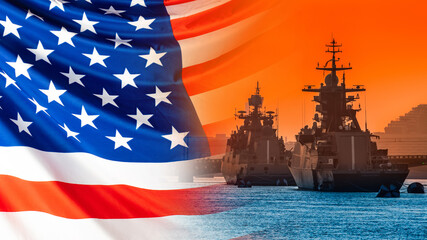 Moored warships on the background of the American flag. American fleet. Naval forces of the United...