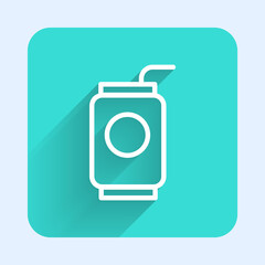 White line Soda can with drinking straw icon isolated with long shadow. Green square button. Vector Illustration