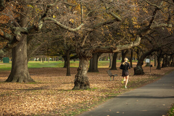 Morning of young sporty woman running in the park.