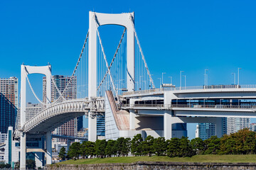 Japan. Sights of the Japanese capital. Rainbow bridge in Tokyo. Rainbow bridge close-up. A trip to the island of Odaiba. Artificial Islands in Tokyo. Guide to Japan. Travel to Asian countries.