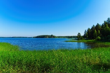A sunny summer morning around lake Siljan with forests and rolling hills in beautiful Dalarna,Sweden