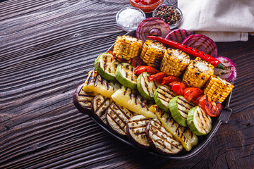 appetizing fresh grilled vegetables in a cast iron skillet