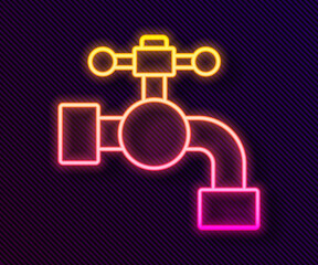 Glowing neon line Water tap icon isolated on black background.  Vector Illustration