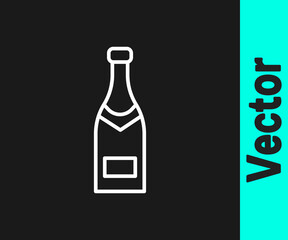White line Champagne bottle icon isolated on black background.  Vector Illustration