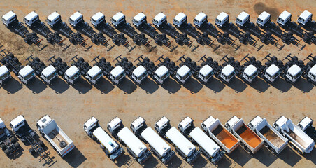 Johannesburg, Gauteng / South Africa - 03/26/2019: Aerial photo of trucks in a line
