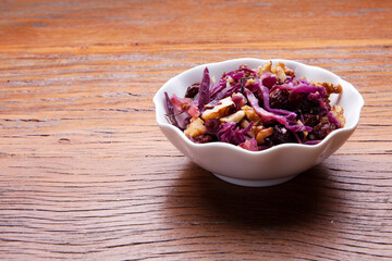 Nutrition concept - Healthy meals in white bowls over wooden background. Healthy food, Diet, Detox, Clean Eating or Vegetarian concept. 