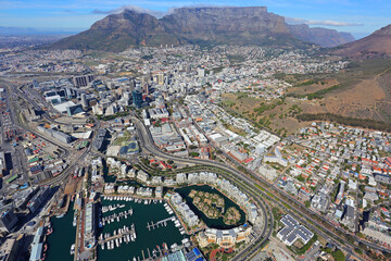 Cape Town, Western Cape / South Africa - 04/26/2019: Aerial photo of V&A Marina and Table Mountain