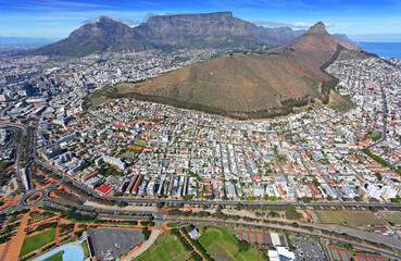Cape Town, Western Cape / South Africa - 04/26/2019: Aerial photo of Cape Town CBD with Table Mountain in the background