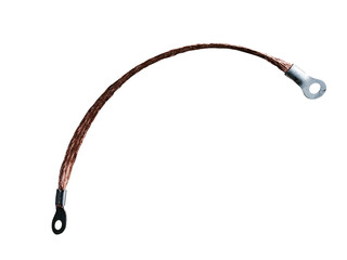 Mass wire of a copper car on an isolated white background. Ground wire automotive. New spare parts.