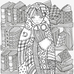 The cute little girl wrapped in a blanket. Artistically books, bookshelf. Сoloring book page. Ethnic patterns. Black and white vector illustration.