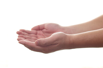 Hand gesture open up like holding something on palm isolated on white background