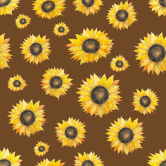 Watercolor seamless pattern with sunflowers. Hand drawn, natural yellow-orange flowers. Summer pattern on brown background