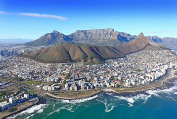 Cape Town, Western Cape / South Africa - 06/07/2019: Aerial photo of Sea Point and Lions Head with Table Mountain in the background