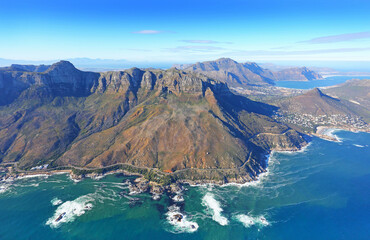 Cape Town, Western Cape / South Africa - 06/07/2019: Aerial photo of 12 Apostles Hotel and Oudekraal with Hout Bay in the background