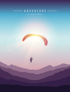 paragliding adventure mountain landscape at sunset vector illustration EPS10